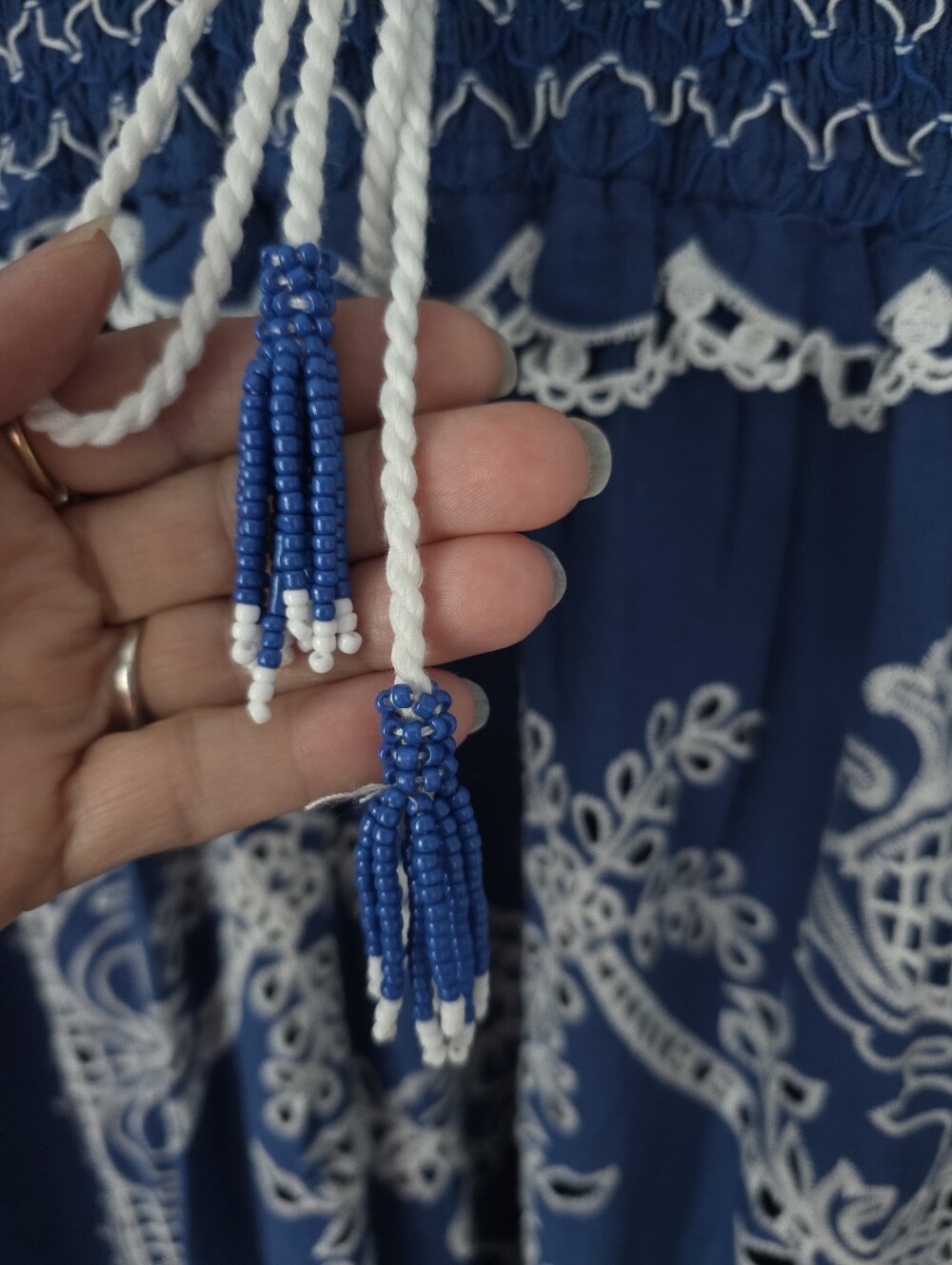 Farm Rio Boho Lace-Trim Maxi Dress Womans M Blue & White Eyelet - Picture 6 of 16